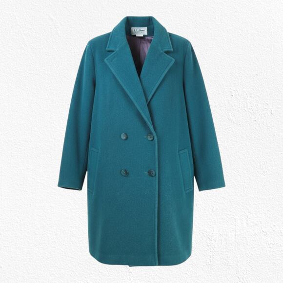 Vintage 1980s L.L. Bean Teal Green Wool Double Breasted Peacoat Overcoat Size XL